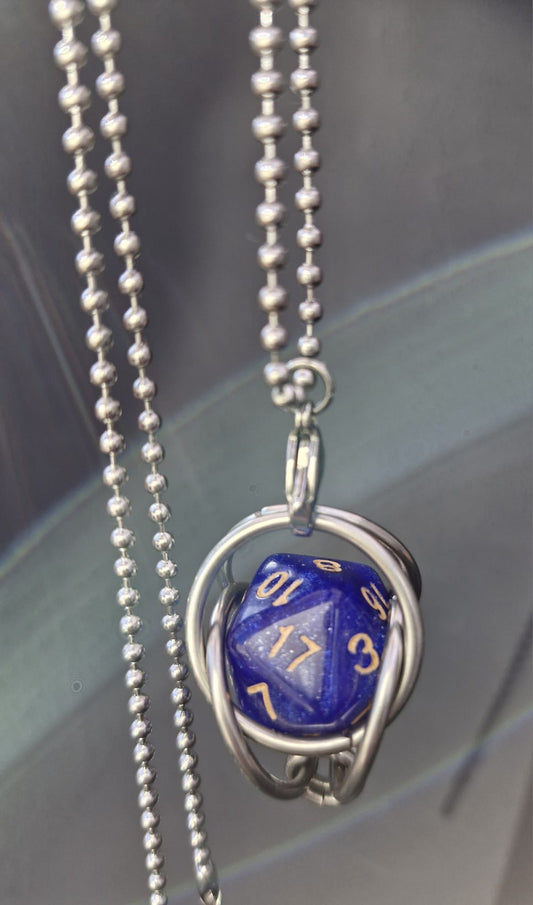 Caged D20 necklace, Blue