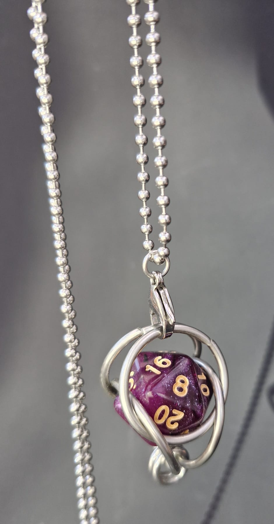 Caged D20 necklace, Purple