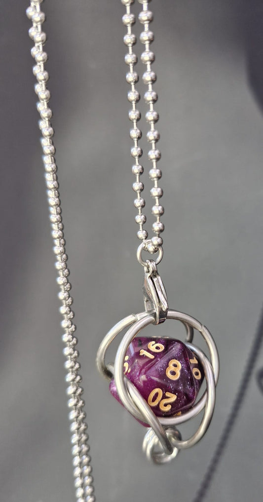 Caged D20 necklace, Purple